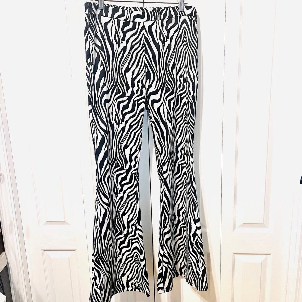 Shein-Women's Size 8-10 (med) Stretch Zip Side Zebra Print Black/White Flare Pts - Picture 2 of 11